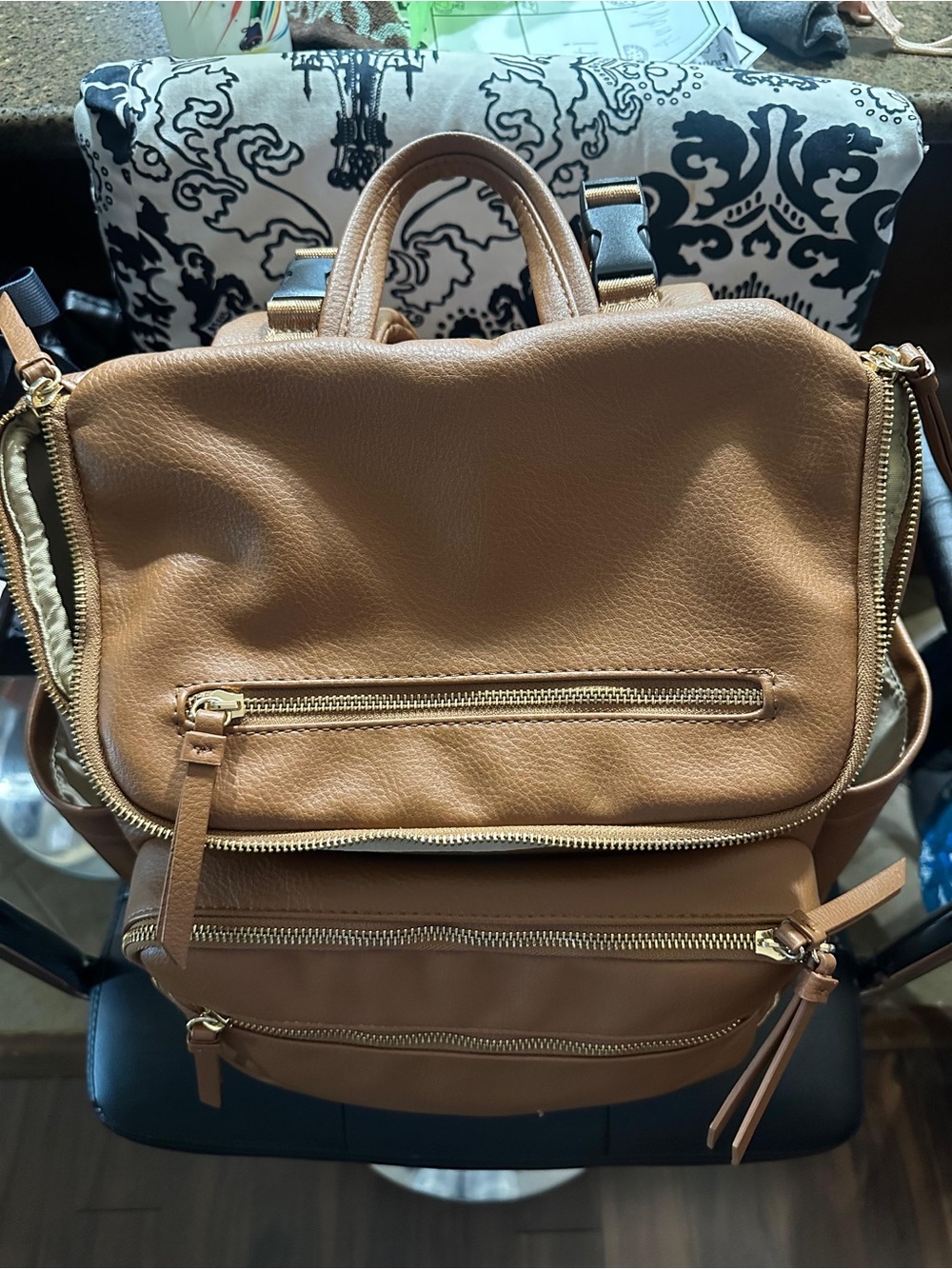 Tan Leather-Textured Women’s Backpack Tote - Versatile Everyday Bag